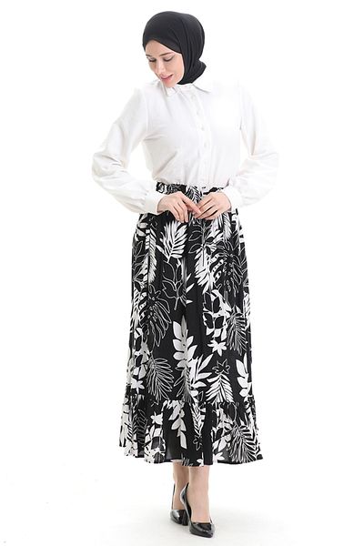 sefamerve Viscose Fabric Elastic Waist Ruffle Skirt 2012J-01 White Black