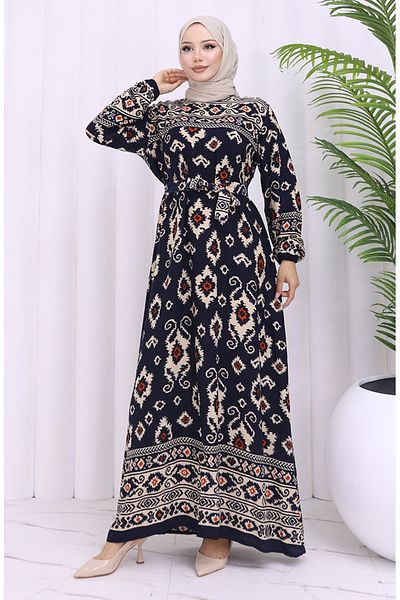 sefamerve Φόρεμα με ζώνη από ύφασμα βισκόζης 2031-01 Navy Blue