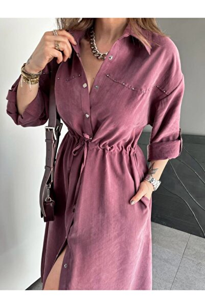 EGZOTİK ASORTİK Beli Büzgülü Taş Detaylı  Gömlek Elbise