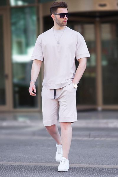 Madmext Beiges Basic-Shorts-Set mit Rundhalsausschnitt für Herren 5953