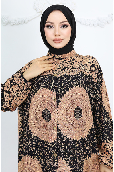 sefamerve Viscose Fabric Buttoned Patterned Dress 0047-05 Milky Brown Black