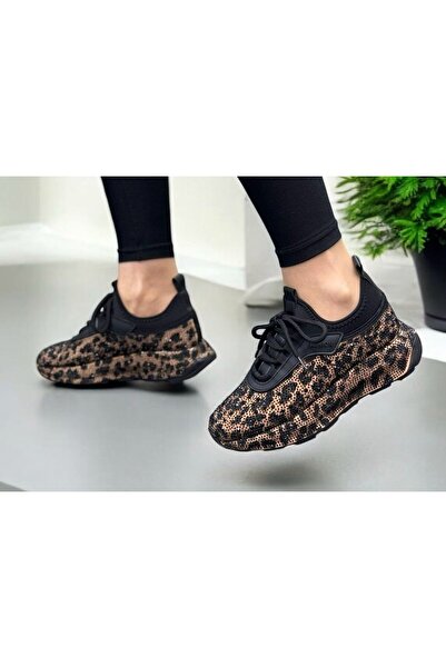 LABRONA Kadın Leopar Deri Desenli Taş Detaylı Yüksek Tabanlı Yürüyüş Ayakkabısı