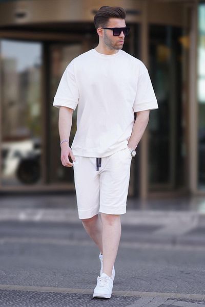 Madmext Set de pantaloni scurți de bază pentru bărbați, cu decolteu rotund, ecru 5953