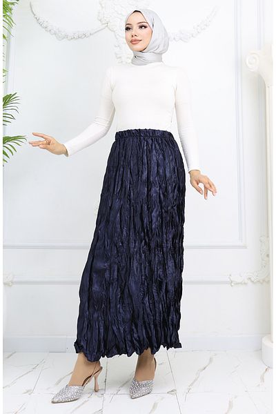 sefamerve Fusta din satin cu talie elastica 0048-04 Bleumarin