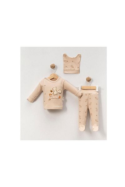 TRENDİMİZBİR Unisex Brown Squirrel Embroidered 3-Piece Top and Bottom Set Newborn Outfit Cotton Organic