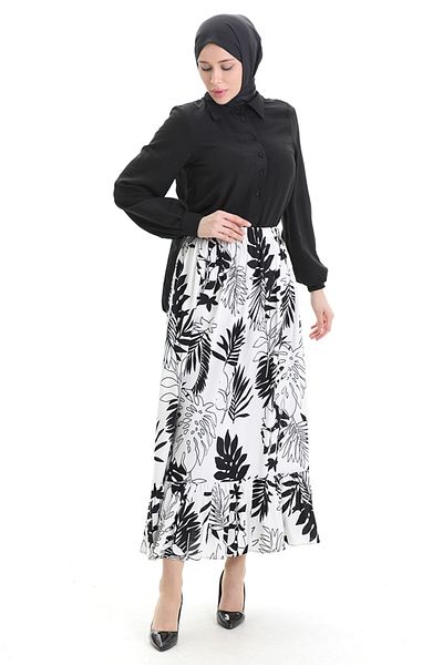 sefamerve Viscose Fabric Elastic Waist Ruffle Skirt 2012J-02 Black White