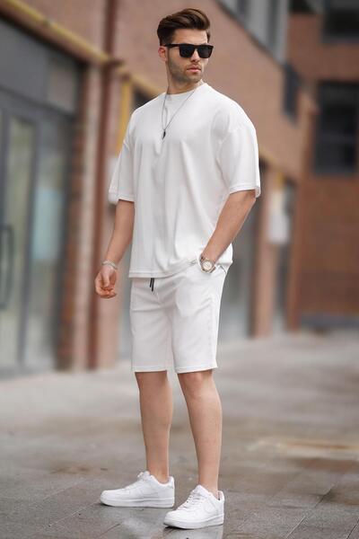 Madmext Ecru Crew Neck Men's Shorts Set 5949