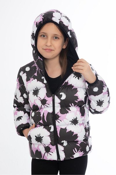 Royalside Sports Girl's White Purple Flower Pattern Fleece Water and Wind Proof Hooded Winter Sports Coat