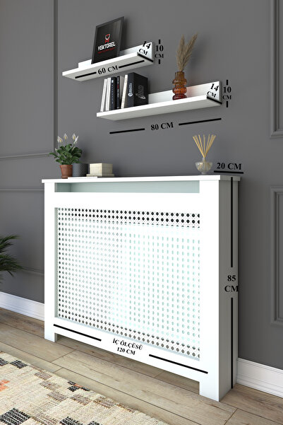 CAN Kalorifer Petek Kapama 120 Cm (İÇ ÖLÇÜSÜ) Hazeran Desenli Raflı Mdf Mat Beyaz