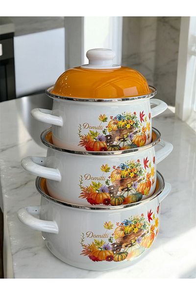 AHİR TİCARET Ebru Metal Enameled 3-Piece Cookware Set 16 Cm-18 Cm-20 cm