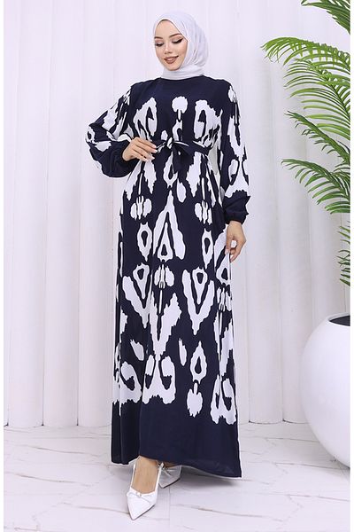 sefamerve Φόρεμα με ζώνη από ύφασμα βισκόζης 2033-04 Navy Blue White