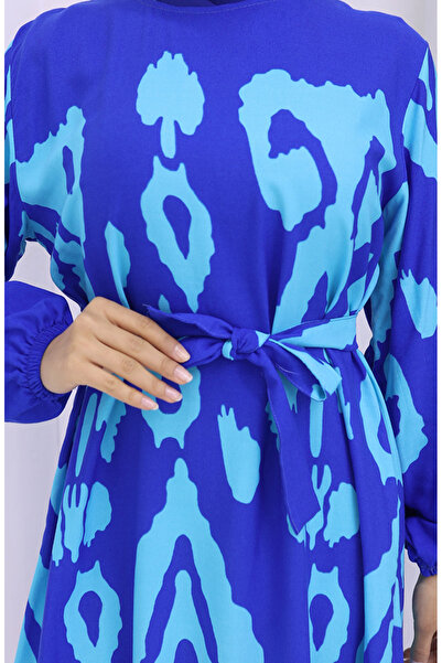 sefamerve Віскозна сукня з поясом та візерунком 2033-07 Сакс Турецький