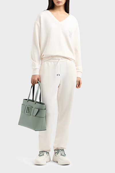 Armani Exchange Women's Regular Fit Waist Elastic Band and String Tie Rhinestone Embroidered Ax Logo Straight Leg White