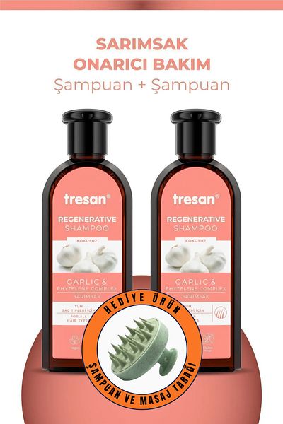 Tresan Garlic Repair Care Shampoo 300 ml X 2 Pieces - Pycos Shower Comb with Gift