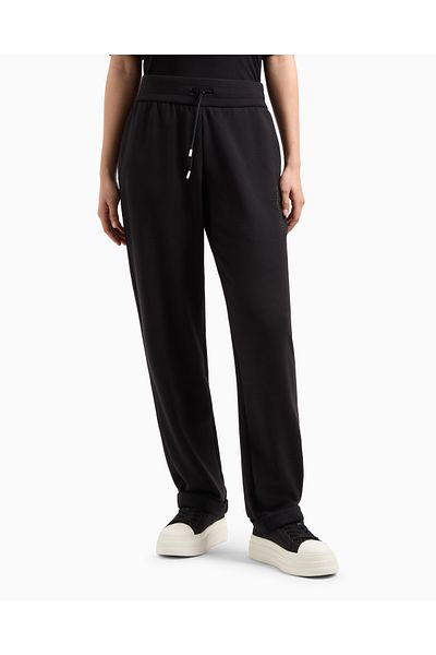 Armani Exchange Women's Regular Fit Waist Elastic Band and String Tie Rhinestone Embroidered Ax Logo Flat Leg Black