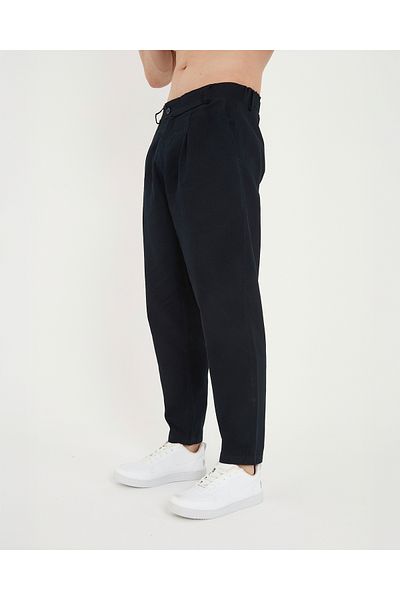 RELAXL 100% Cotton Carrot Cut Elastic Waist Navy Blue Gabardine Pleated Men's Trousers