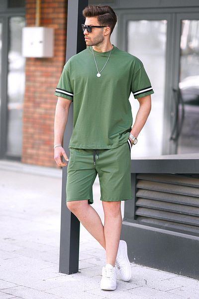 Madmext Khaki Crew Neck Pánské šortky Set 5951