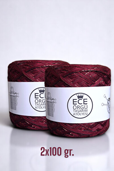Ece Örgü Tasarım Atölyesi Merlot plus. Çok katlı şarap rengi merserize koton arasına bakır sim karışımı tasarım el örgü ipi