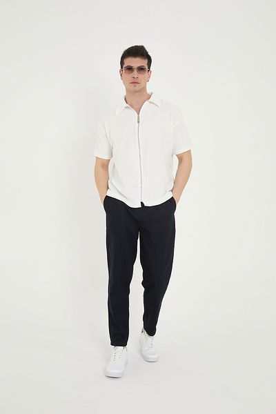 RELAXL 100% Cotton Carrot Cut Elastic Waist Navy Blue Gabardine Pleated Men's Trousers