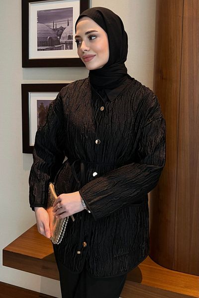 Tasarım Women's Jacquard - Textured Belted Jacket - Cap - Stylish and Modern Design