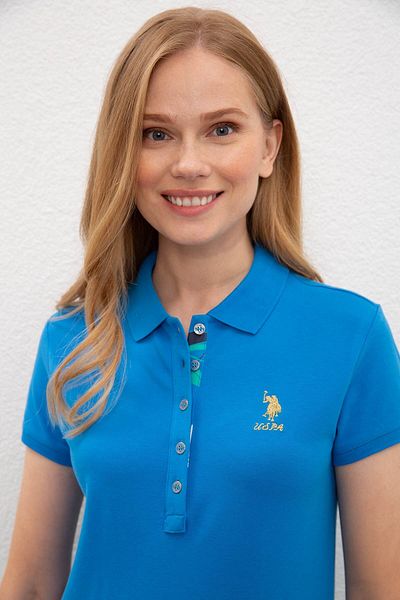 U.S. Polo Assn. Tricou de bază cu gât polo albastru cobalt pentru femei Basic