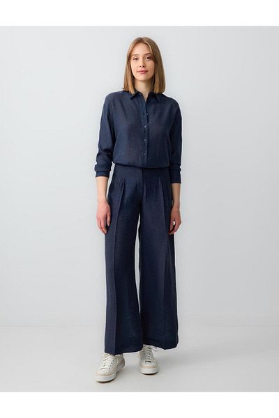 Jimmy Key Navy Blue High Waist Wide Leg Relaxed Cut Linen Trousers