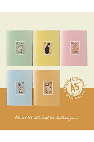 POSTERİFY Pastel Colored Cats Collection - A5 Staple Stitched 5 Pieces Cat Themed Notebook - 14,5X20,5 cm