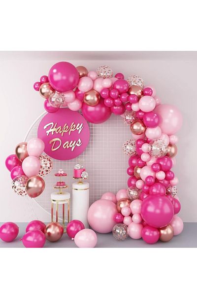 Çemrek Süs Parti Pink Fuchsia Rose Chrome Transparent Sequin Balloon Chain Set Including 103 Jumbo Balloons