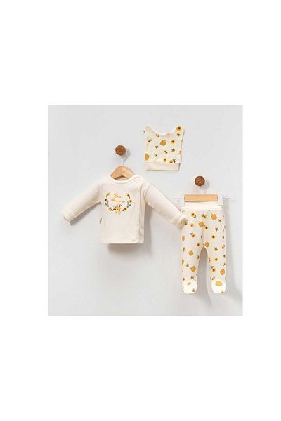 TRENDİMİZBİR Unisex Yellow Bee Embroidered 3-Piece Bodysuit Set Newborn Outfit Cotton Organic