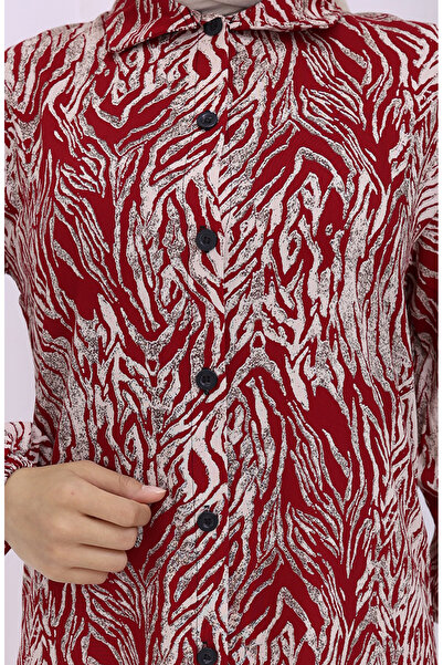 sefamerve Viscose Fabric Buttoned Long Tunic 2027-01 Burgundy Beige