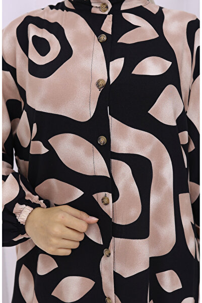 sefamerve Viskon Kumaş Boydan Düğmeli Desenli Elbise 2029-02 Vizon Siyah