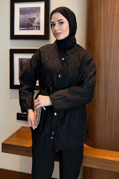 Tasarım Women's Jacquard - Textured Belted Jacket - Cap - Stylish and Modern Design