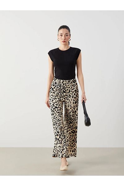 LC Waikiki Lcwaikiki Classic Beige Elastic Waist Leopard Print Women's Trousers