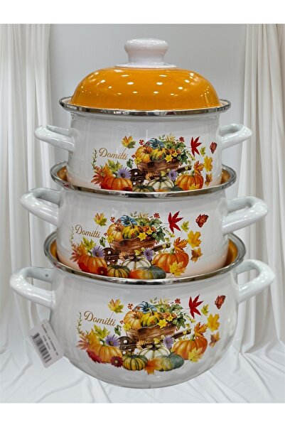 AHİR TİCARET Ebru Metal Enameled 3-Piece Cookware Set 16 Cm-18 Cm-20 cm