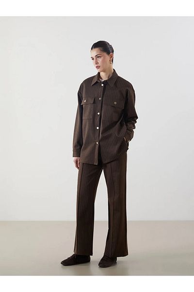 LC Waikiki Lcw Modest Beige Striped Women's Trousers with Elastic Waist
