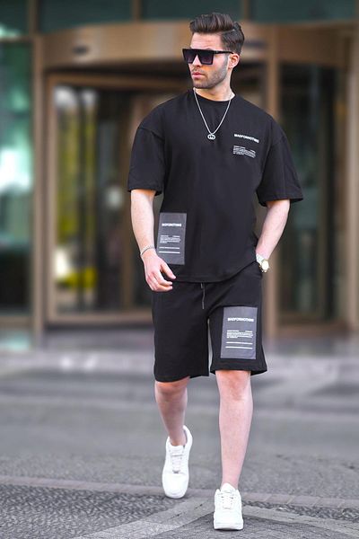 Madmext Black Crew Neck Printed Pánské šortky Set 5942