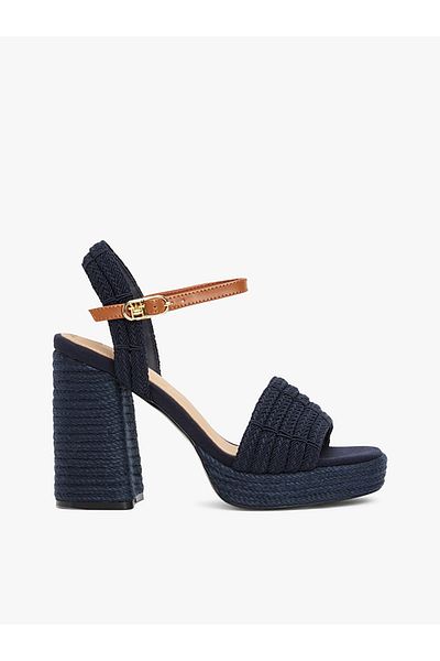 Tommy Hilfiger Women's High Thick Straw Heel Ankle Lacing Comfortable Navy Blue Sandals Fw0Fw08425-Dw6