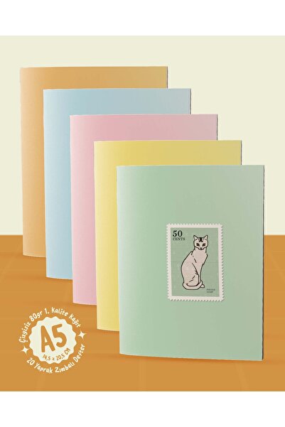 POSTERİFY Pastel Colored Cats Collection - A5 Staple Stitched 5 Pieces Cat Themed Notebook - 14,5X20,5 cm