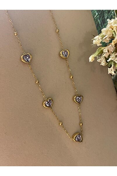 'lotusbybuket' steel gold chain zircon heart stone necklace