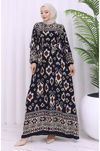 sefamerve Φόρεμα με ζώνη από ύφασμα βισκόζης 2031-01 Navy Blue