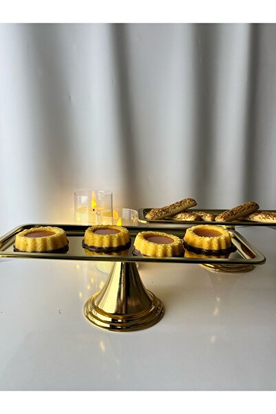 Moon Dizayn 2'li Gold Dikdörtgen, Ayaklı Şık Kek, Pasta, Kurabiye ve Tatlı Se...