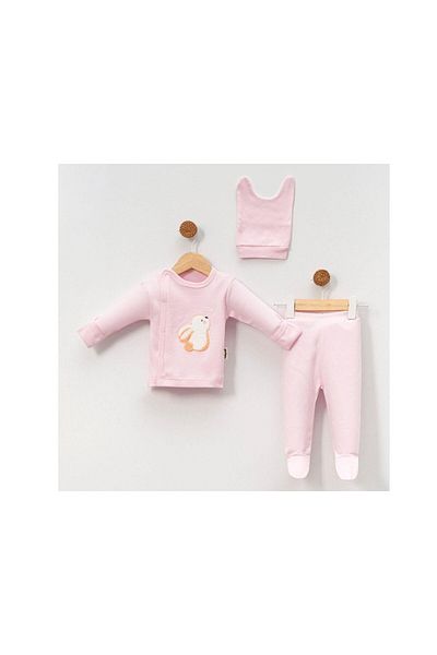 TRENDİMİZBİR Unisex 3-Piece Pink Newborn Bodysuit Set with Rabbit Embroidery