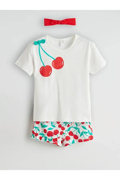 LC Waikiki Lcw Baby Ecru Baby Girl T-Shirt Shorts Hair Band 3 Piece Set