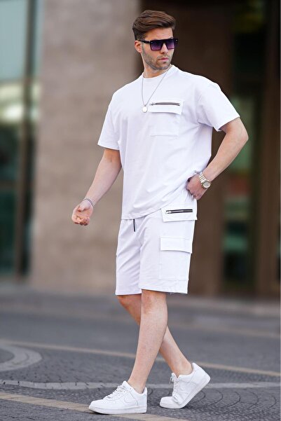 Madmext Beyaz Cep Detaylı Erkek Şort Takımı 5946
