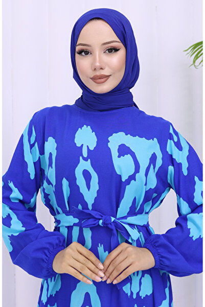 sefamerve Віскозна сукня з поясом та візерунком 2033-07 Сакс Турецький