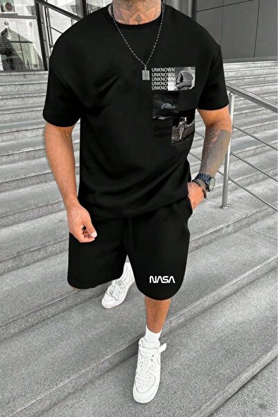 NO 601 طقم شورت أسود مطبوع عليه Nasa للرجال باللون الأسود