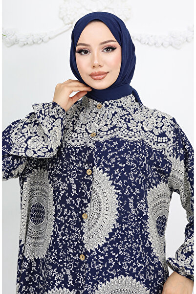 sefamerve Віскозна тканина з приталеним кроєм та ґудзиками по всій довжині 0047-03 Темно-синій