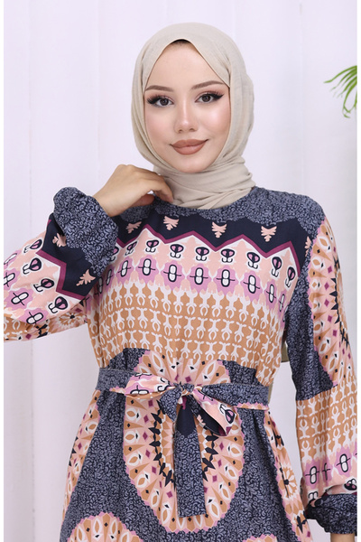 sefamerve Віскозна сукня з поясом та візерунком 2032-01 Антрацит Пудра