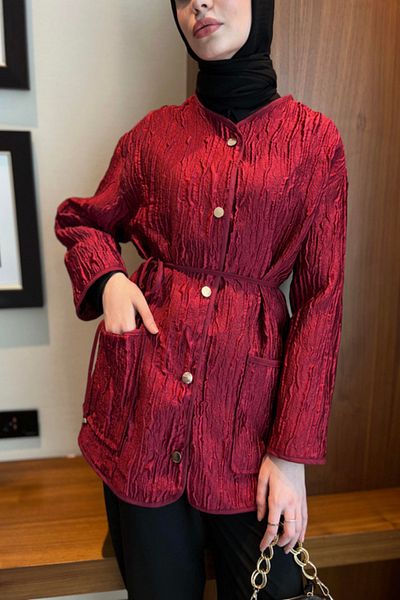 Tasarım Women's Jacquard - Textured Belted Jacket - Cap - Stylish and Modern Design