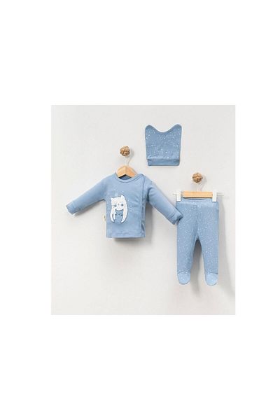 TRENDİMİZBİR Baby Boy Snowy Cat Patterned Top and Bottom Set - Blue